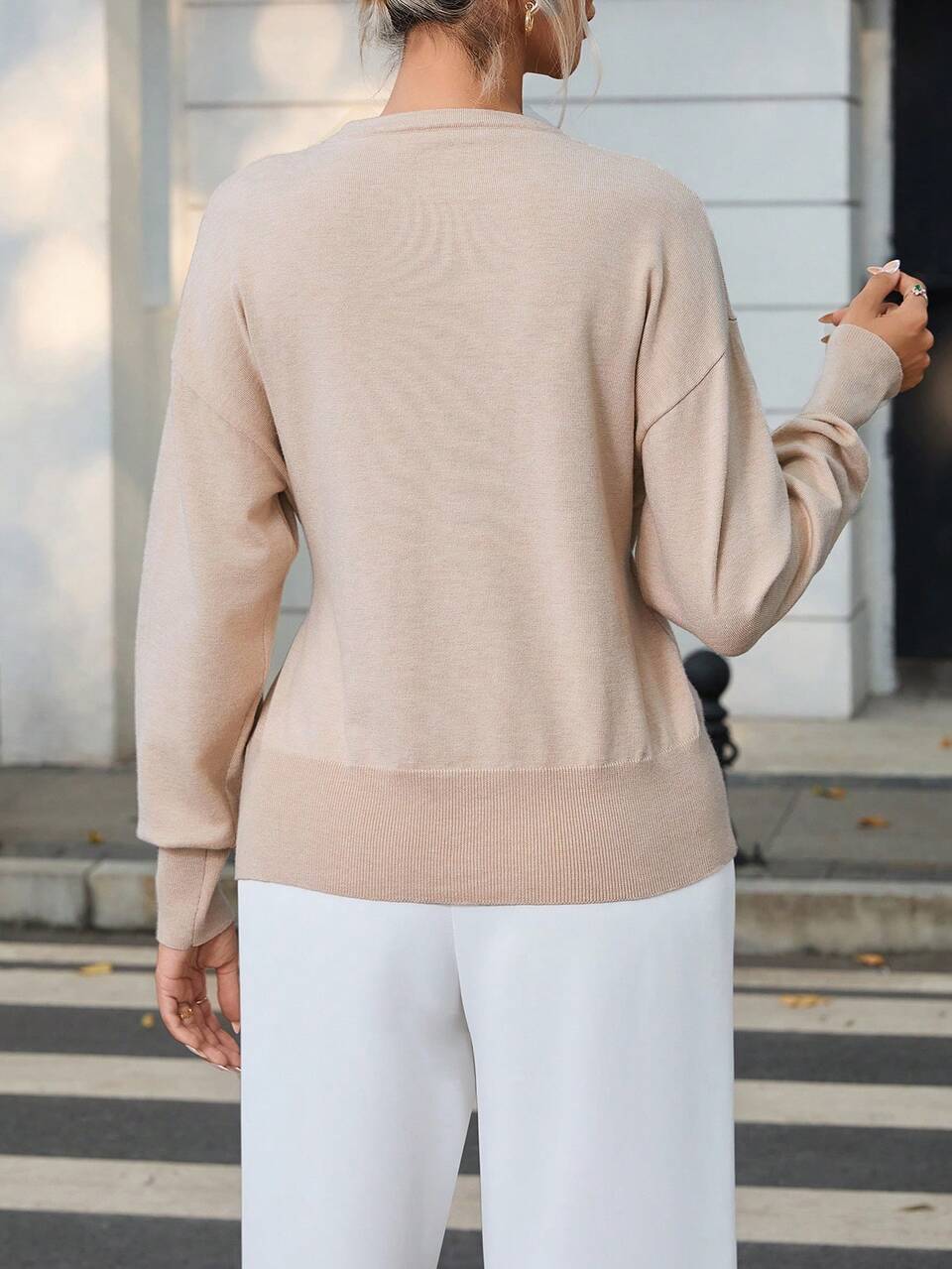 Round Neck Solid Color Drop Shoulder Hollow Out Split Sweater