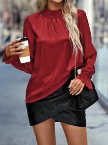 SHEIN Clasi 褶邊領荷葉袖襯衫 - 紅色 - 查看 4