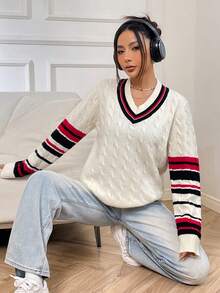 SHEIN EZwear 條紋飾邊麻花編織套頭毛衣 - 杏色 - 查看 4
