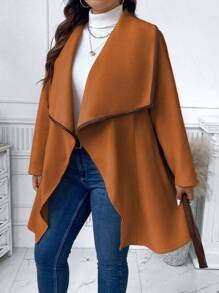 SHEIN Unity Plus Waterfall Collar Contrast Binding Belted Overcoat - Khaki - View 3