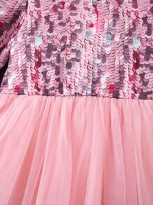 SHEIN Chica Joven Vestido con lentejuelas con estampado bajo con malla - Rosa - Ver 3