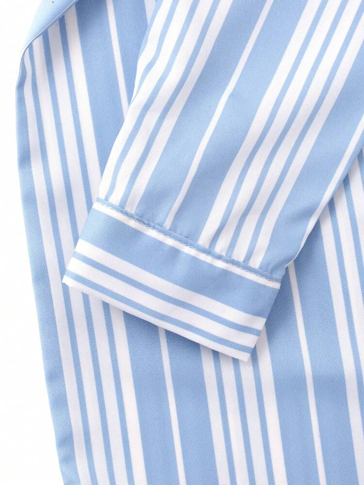 Tween Boy Striped Print Pocket Patched High Low Hem Shirt Nightdress