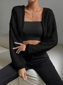 SHEIN Essnce 1pc Drop Shoulder Open Front Crop Fuzzy Jacket