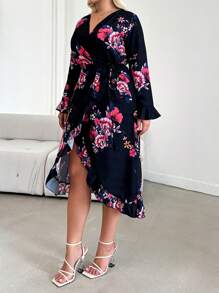 SHEIN Cottnline Plus Floral Print Flounce Sleeve Ruffle Trim Wrap Belted Dress - Multicolor - View 5