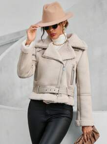 Aveloria Modichic Teddy Lined Zip Up Moto Jacket Faux Leather Aviator Jacket With Borg Lining 