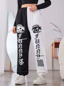 Chica adolescente Pantalones deportivos de dos tonos con estampado de letra japonesa y figura