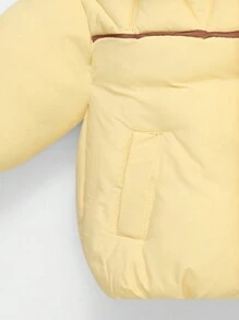 SHEIN 年轻女孩斜口袋落肩 3D 耳朵设计连帽棉服外套 - 黃色 - 查看 3