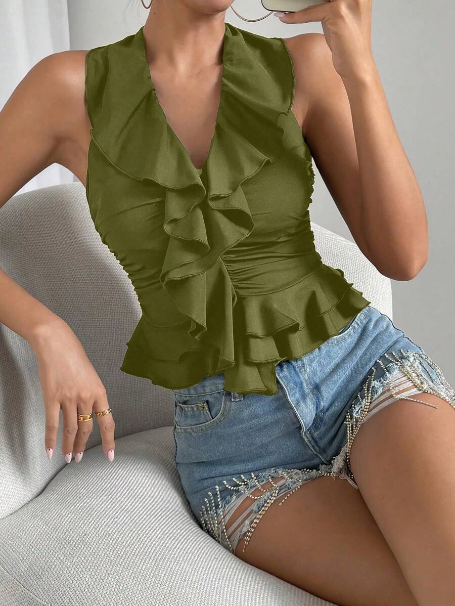 Chiquease Women's Black Elegant Ruffled Ruched Halter Top - Olive Green - View 1