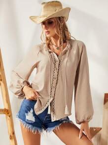 S BETRO 繫帶領燈籠袖流蘇蕾絲花邊襯衫