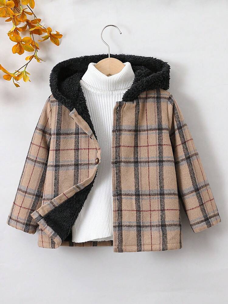 Young Boy Plaid Print Hooded Thermal Lined Coat Without Sweater