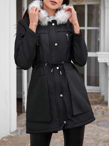 EURMUSE Drawstring Waist Fuzzy Collar Parka Coat - Black - View 4