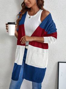 SHEIN LUNE Áo khoác cardigan dáng dài hai túi màu khối - Đỏ - Xem 6