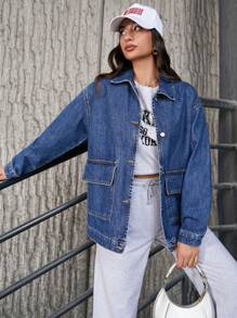 SHEIN PETITE Flap Pocket Drop Shoulder Denim Jacket - Blue - View 3