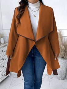 SHEIN Unity Plus Waterfall Collar Contrast Binding Belted Overcoat - Khaki - View 7