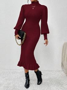 Chiquease Turtleneck Lantern Sleeve Ruffle Hem Sweater Dress Fall Winter Cloth For Women - Burgundy - View 1