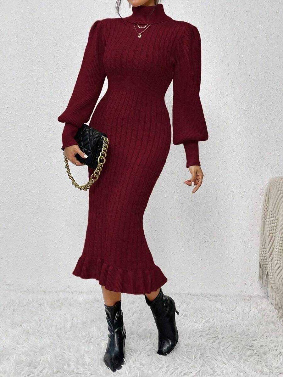 Chiquease Turtleneck Lantern Sleeve Ruffle Hem Sweater Dress Fall Winter Cloth For Women - Burgundy - View 1