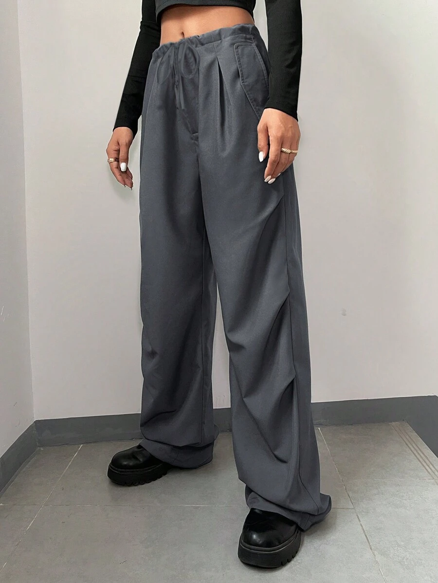 EURMUSE Solid Drawstring Waist Wide Leg Pants - Dark Grey - View 1