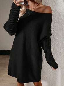 SHEIN LUNE Vestido de punto unicolor de hombros caídos sin cinturón - Negro - Ver 6