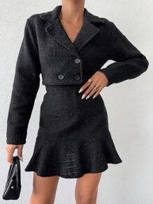 EURMUSE Lapel Neck Double Button Blazer & Ruffle Hem Skirt - Black - View 6