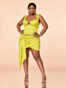 浪漫褶皺緞面背心上衣 - 黃色 - 查看 7