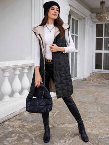 RueChic Zip Up Drawstring Hooded Vest Puffer Coat - Black - View 5