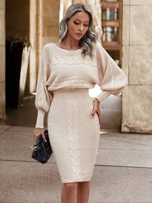 Ellegaria. Cable Knit Lantern Sleeve Sweater Dress Fall Cloth For Women - Apricot - View 6