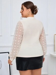 SHEIN Privé Hơn Chấm Swiss Tay áo lồng đèn Áo - Màu be - Xem 2