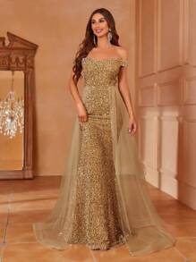 Sukienka na studniówkę z odkrytymi ramionami i siateczką, elegancka, formalna, wieczorowa, na wesele, na ukończenie szkoły, na kolację