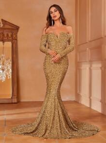 Off Shoulder Mermaid Hem Sequin Formal Dress - Champagne - View 3