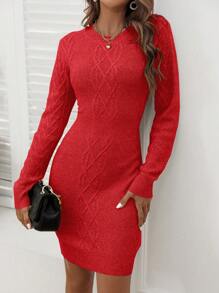 SHEIN Clasi Solid Cable Knit Bodycon Sweater Dress - Red - View 3