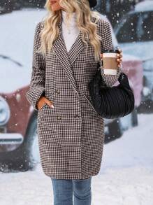 SHEIN Clasi 千鳥格印花雙排釦花呢外套 - 咖啡棕 - 查看 1