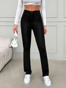 RueChic Lace Up Front Flare Leg Pants - Black - View 3