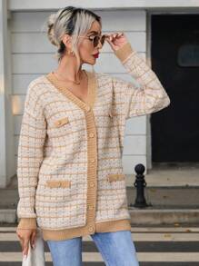 SHEIN Privé Hoa văn kẻ sọc Thả vai Áo len Mở - Màu Khaki - Xem 2