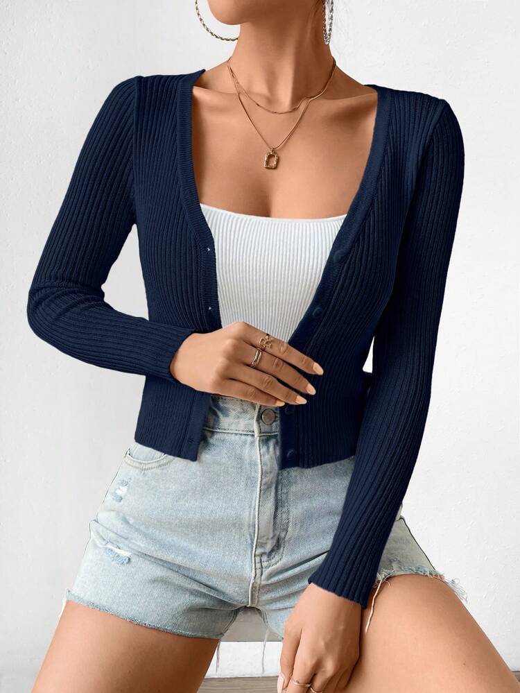 Button Front Ribbed Knit Cardigan Fall Winter Cloth For Women