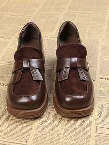 2023 Thu Đông Mới Xuất Hiện Thời Trang Mũi Tròn Chunky-gót Da Nâu Cao Gót Trơn nữ Giày - màu nâu - Xem 4