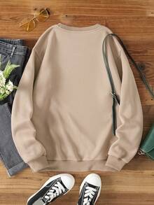 SHEIN LUNE Đồ họa Hoạt hình Lót nhiệt Áo nỉ - Màu Khaki - Xem 2
