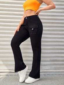 Pantalones Vaqueros Acampanados Bootcut De Mujer Con Múltiples Bolsillos Estilo De Trabajo Elásticos De - Negro - Ver 4