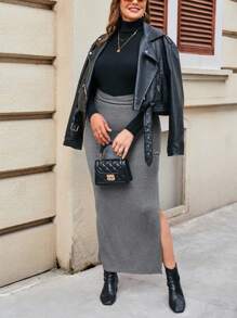 SHEIN Privé 大碼素色開衩短裙 - 灰色 - 查看 1