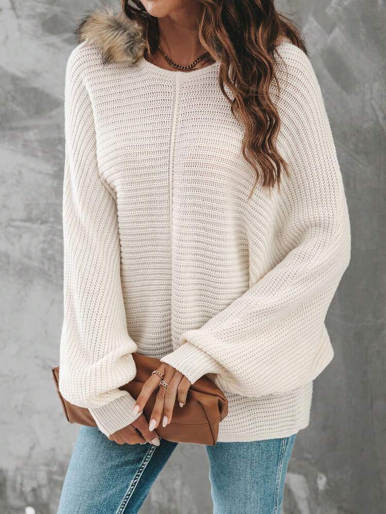 Solid Batwing Sleeve Ribbed Knit Pullover Fall Winter Sweater