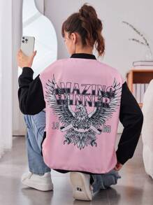 Teen Girl Eagle & Letter Graphic Two Tone Drop Shoulder Bomber Jacket - Pink - View 1