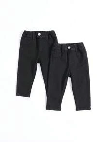 Baby Girl 2pcs Solid Single Button Jeans - Black - View 1