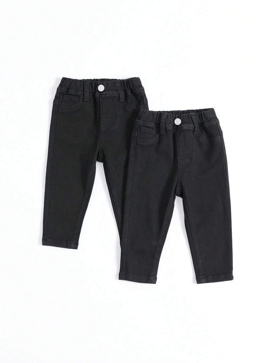 Baby Girl 2pcs Solid Single Button Jeans - Black - View 1