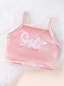 SHEIN 女嬰字母刺繡絲絨連帽衫&吊帶上衣&喇叭褲 - 粉色 - 查看 3