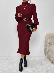 Chiquease Turtleneck Lantern Sleeve Ruffle Hem Sweater Dress Fall Winter Cloth For Women - Burgundy - View 4