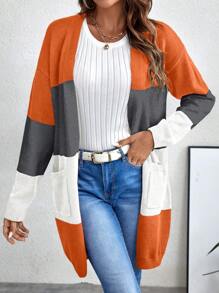 SHEIN LUNE 撞色雙口袋落肩袖開襟開衫 - 棕色 - 查看 4