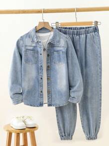 Tween Boy 1pc Dual Pocket Denim Shirt & 1pc Jeans