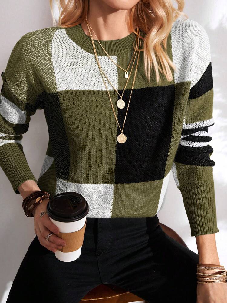 Cut And Sew Drop Shoulder Sweater,Long Sleeve Tops Knit Pullover Fall Winter Sweater