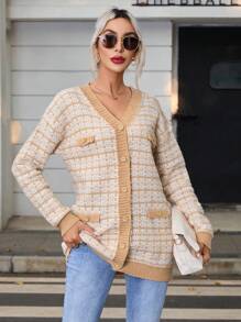 SHEIN Privé Hoa văn kẻ sọc Thả vai Áo len Mở - Màu Khaki - Xem 5