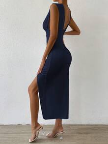 SHEIN Privé 深V領高衩洋裝 - 藏蓝色 - 查看 2