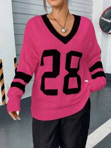 Flirla 大碼字母圖案條紋飾邊落肩袖套頭毛衣 - 彩色 - 查看 6